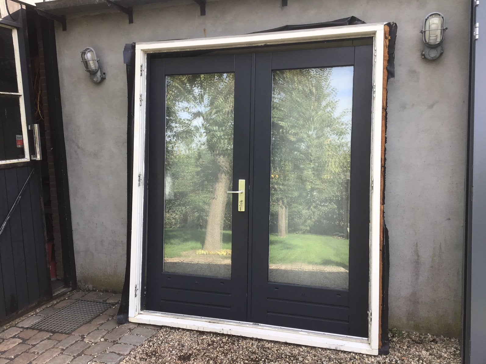 PUI openslaande dubbele deuren met KOZIJN serre Tiny house, Ophalen, Gebruikt, 120 cm of meer, Buitendeur