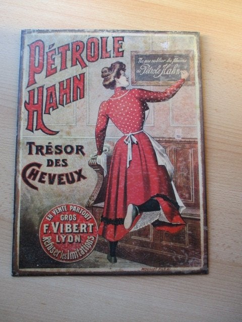 Pétrole Hahn haarverzorging metalen reclamebord 35x26,5cm, Ophalen of Verzenden, Overige typen