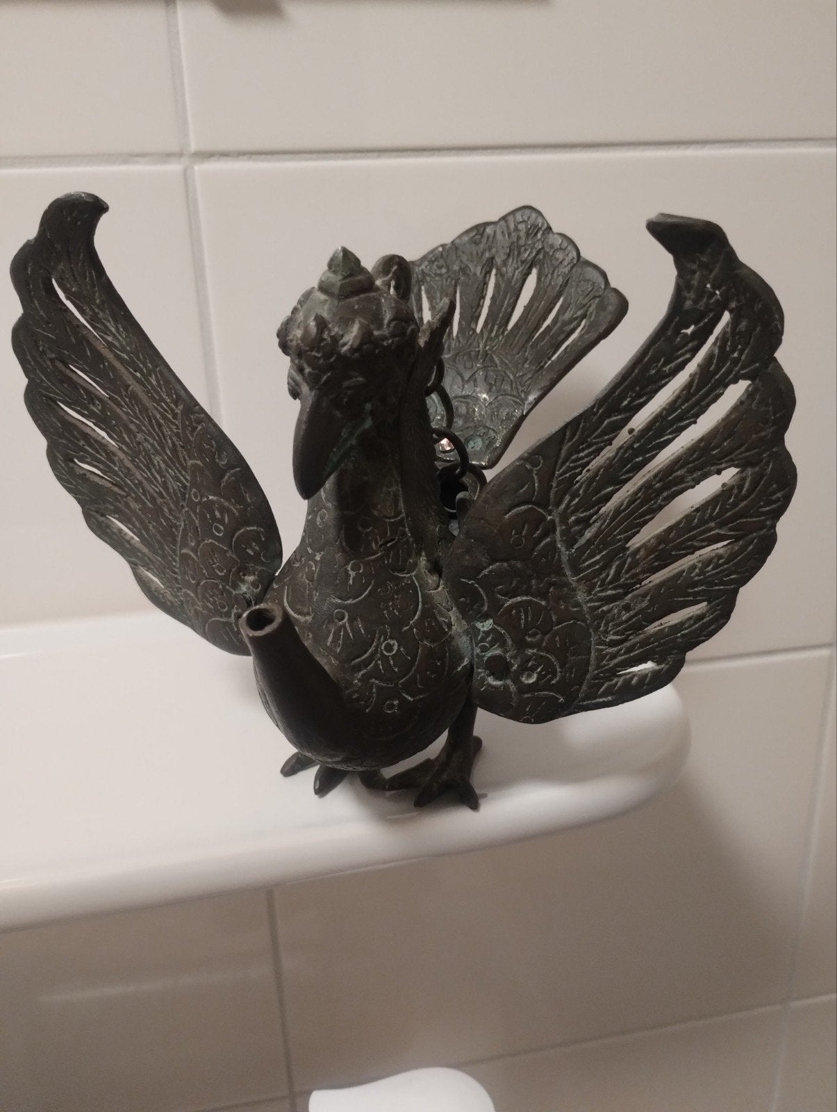 Antiek 19e eeuws bronzen wayang Kulit Garuda hang olie lamp, Antiek en Kunst, Ophalen of Verzenden