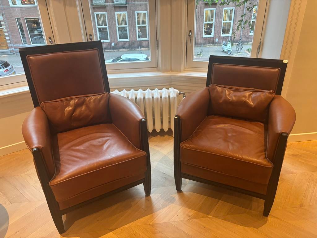 2 Art Deco fauteuils – cognac leer met donker houten frame, Huis en Inrichting, Fauteuils, Ophalen of Verzenden, Zo goed als nieuw
