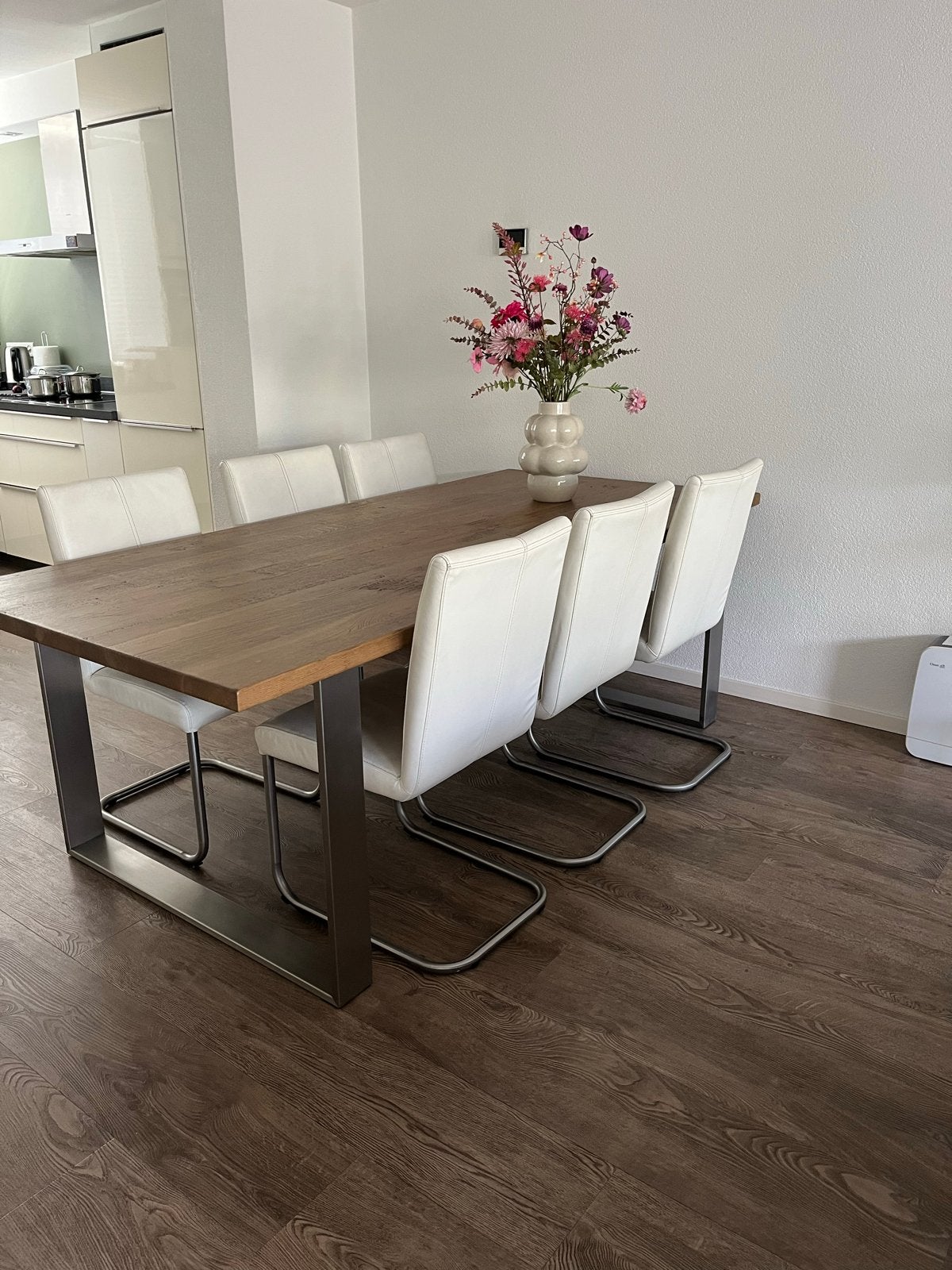 Eiken eettafel 2.20 x 1.02 met RVS onderstel - Rofra Home, Ophalen, Gebruikt, 100 tot 150 cm, Eikenhout