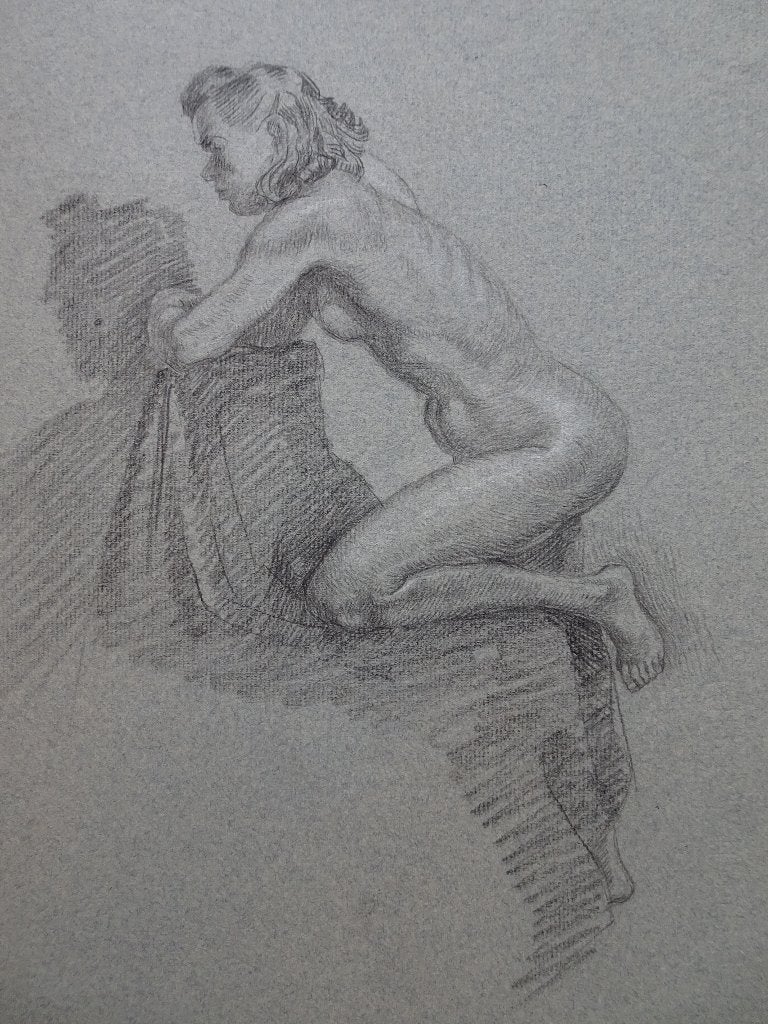 2 Houtskooltekeningen naakte vrouw knielend en staand 1930, Antiek en Kunst, Ophalen of Verzenden, Tekening, Houtskooltekening
