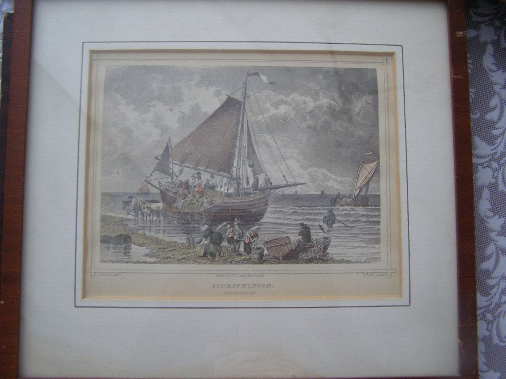 1 gravure uit 1858 van Scheveningen handgekleurd. Ingelijst, Dagelijks leven, 1800 - 1899, Met tekst, Gravure