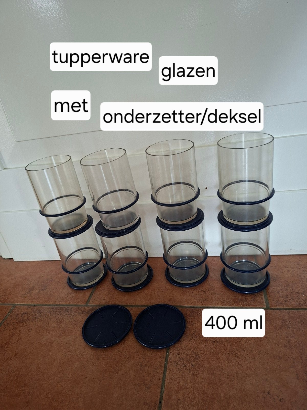 8 Tupperware glazen met onderzetter/deksel 400ml, Huis en Inrichting, Gebruikt, Overige kleuren, Beker of Kan, Ophalen of Verzenden