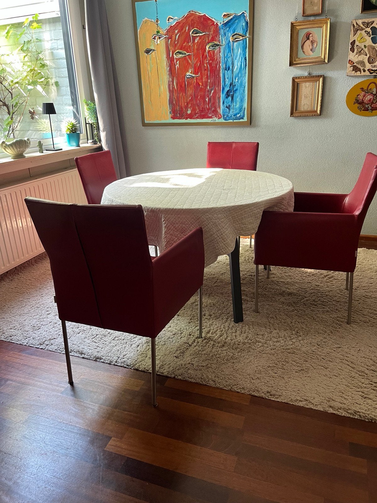 4 rode leren eettafel stoelen in zeer goede staat, Huis en Inrichting, Ophalen, Zo goed als nieuw