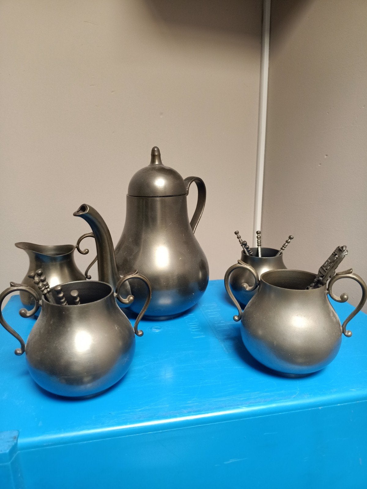 Vintage tinnen theeservies - 5-delig, Ophalen of Verzenden