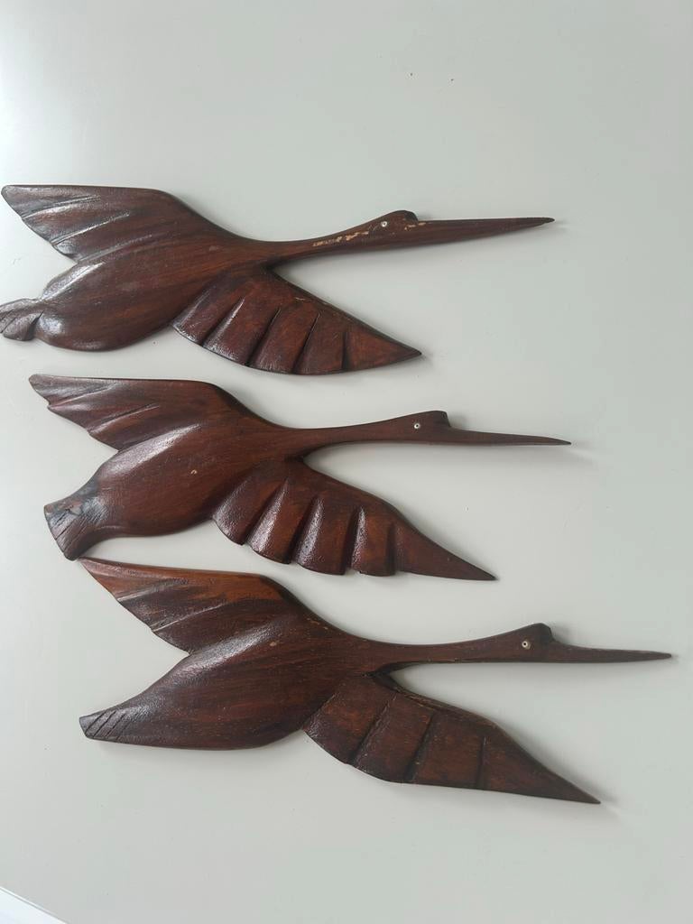 Vintage Houten Vogels - Wanddecoratie Set van 3, Ophalen of Verzenden, Gebruikt