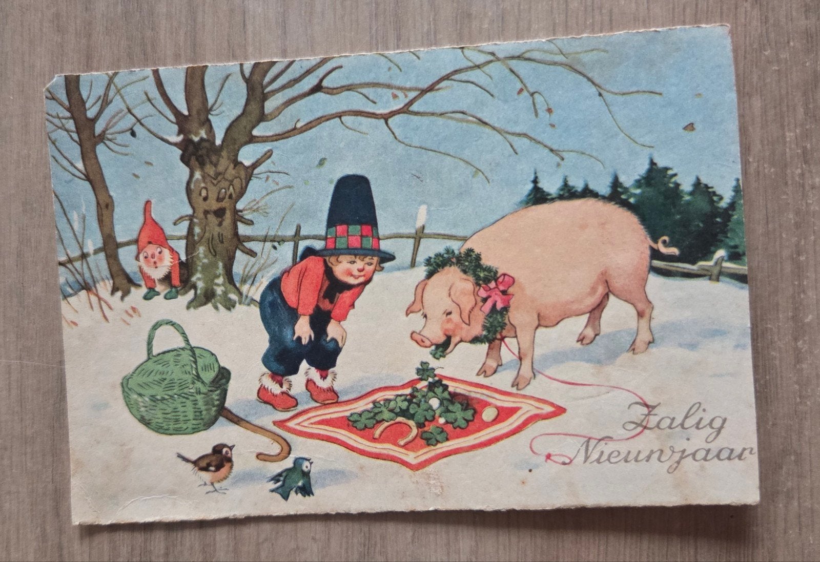 Zalig Nieuwjaar ansichtkaart 1938 met varken en kabouter, Verzamelen, Ansichtkaarten | Themakaarten, Ophalen of Verzenden