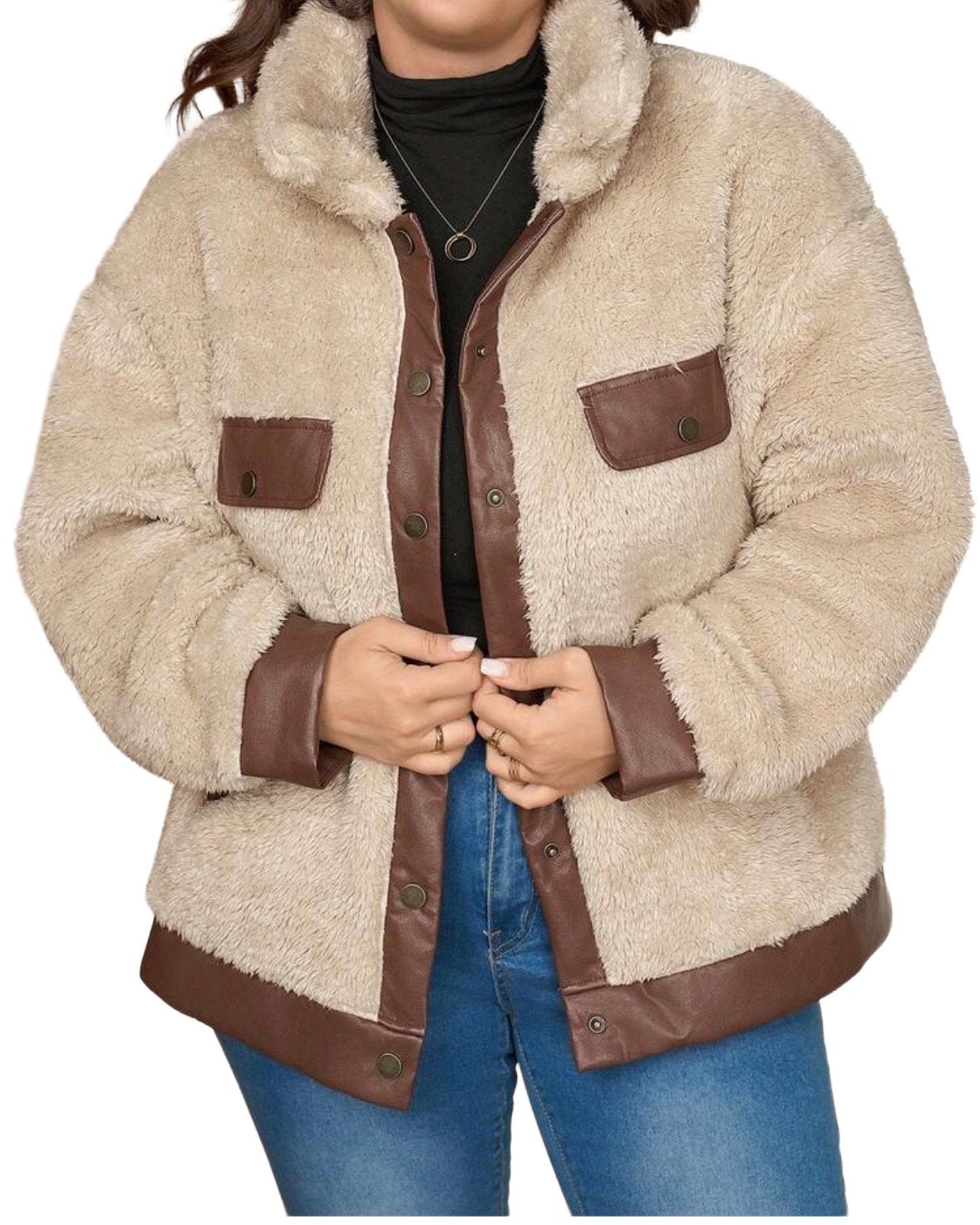 Teddy jas met leren details - Beige/Bruin (44-52), Kleding | Dames, Grote Maten, Verzenden, Nieuw, Beige, Jas of Mantel