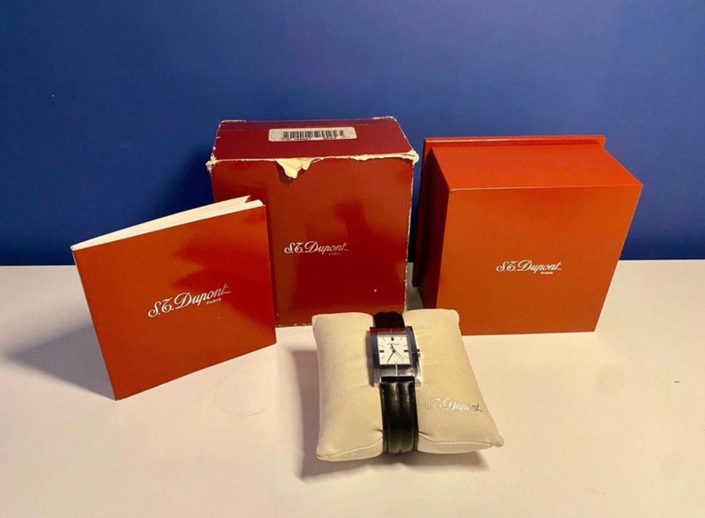 S.T. Dupont Polshorloge met doos en papieren, Sieraden, Tassen en Uiterlijk, Horloges | Heren, Overige merken, Leer, Staal, Polshorloge