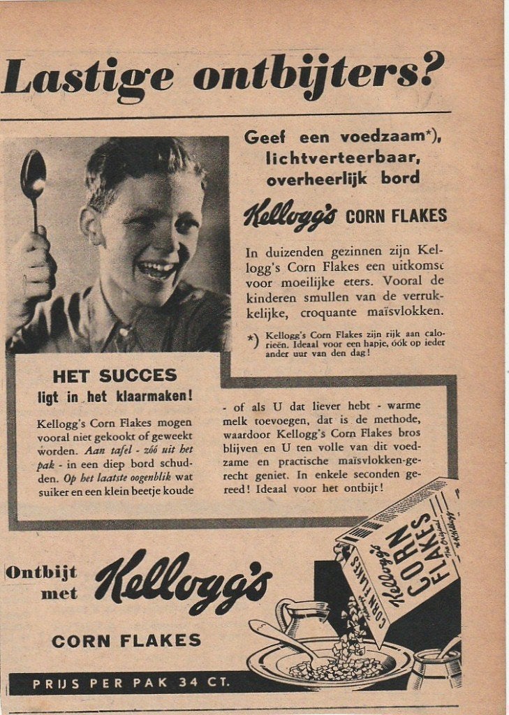 Retro reclame 1946 Kellogg's Cornflakes de lastige ontbijter, Verzenden, Overige typen