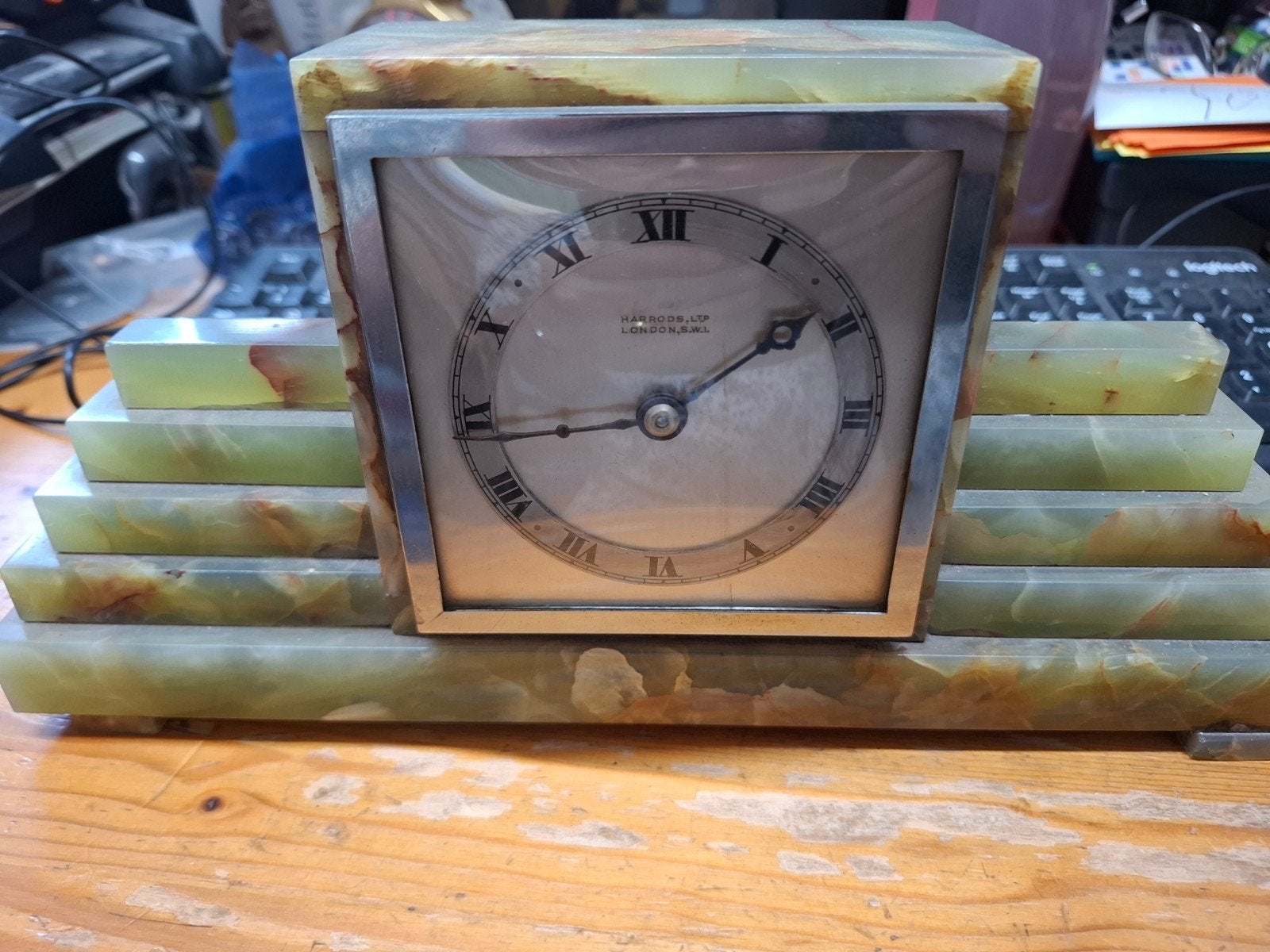 Antieke Harrods Art Deco marmeren schoorsteenklok, Ophalen of Verzenden