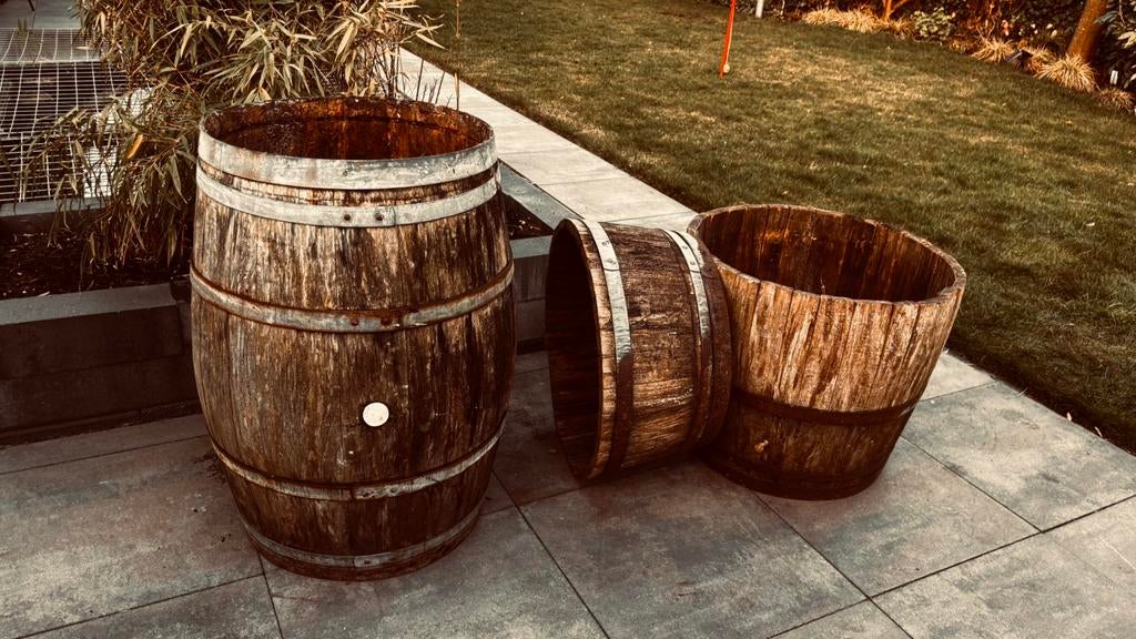 Houten regenton/ plantenbakkken, Tuin en Terras, Bloembakken en Plantenbakken, Ophalen, Gebruikt, Rond, Hout