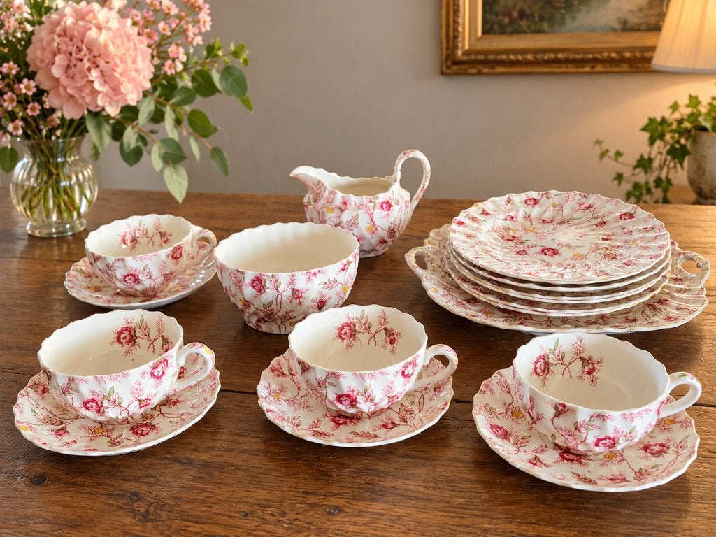 Theeservies van Spode Copeland, rosebud chintz, Keramiek, Vintage, Ophalen of Verzenden, Zo goed als nieuw