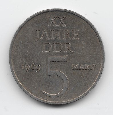 DDR 5 mark 1969 "20th anniversary" KM# 21.1, Verzenden, Duitsland, Losse munt