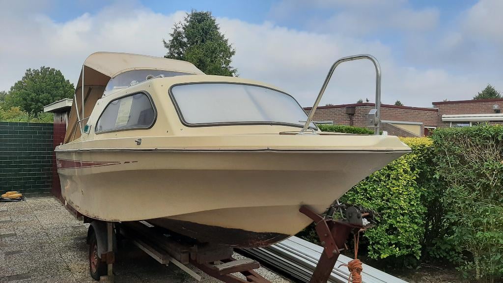 Shetland, Watersport en Boten, Motorboten en Motorjachten, Gebruikt, Polyester, Benzine, Buitenboordmotor, Trailer, Kajuitboot