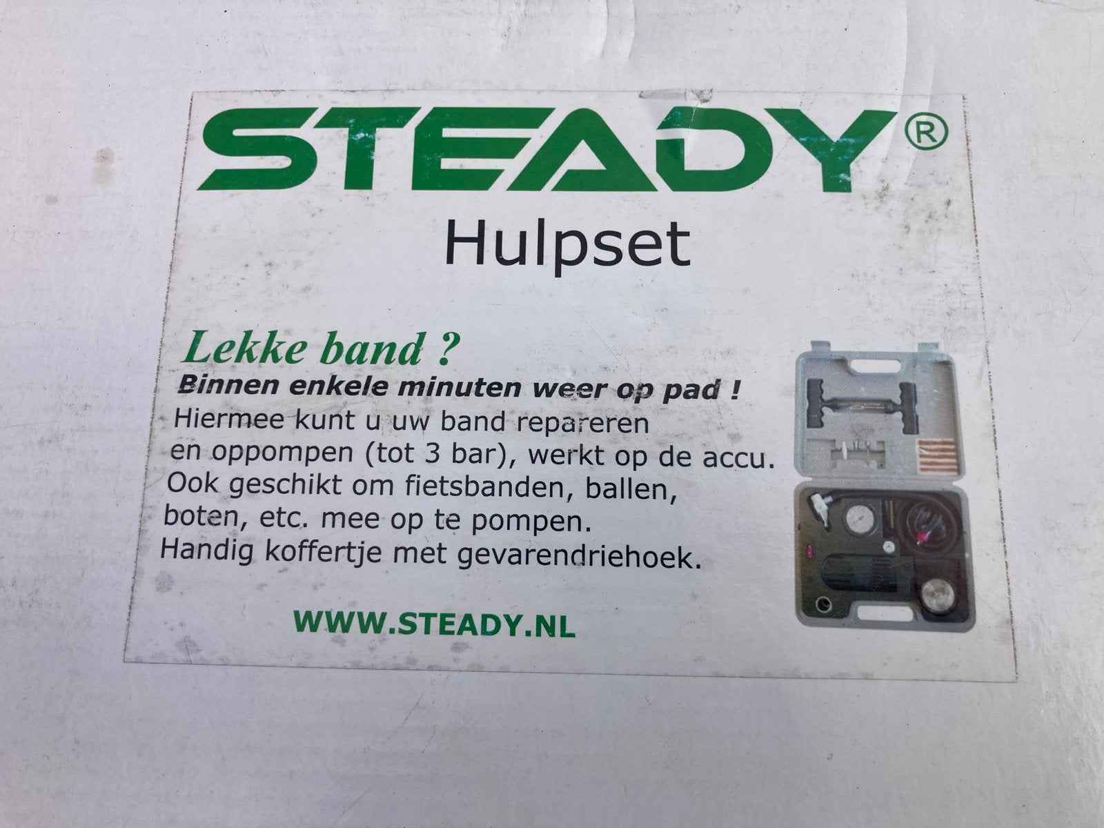 Steady Hulpset: Bandenreparatie en Compressor, Ophalen of Verzenden, Zo goed als nieuw