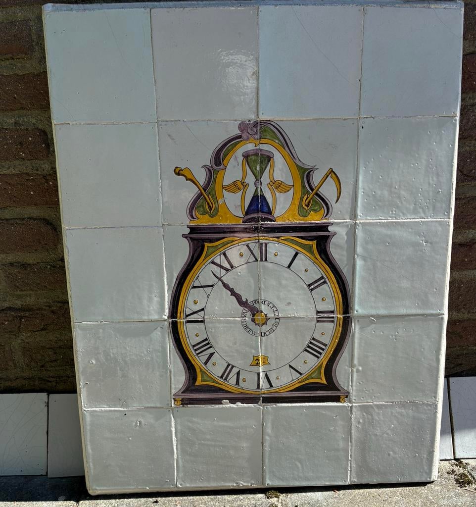 Antiek tegeltableau met pendule eind 18e eeuw, Ophalen of Verzenden