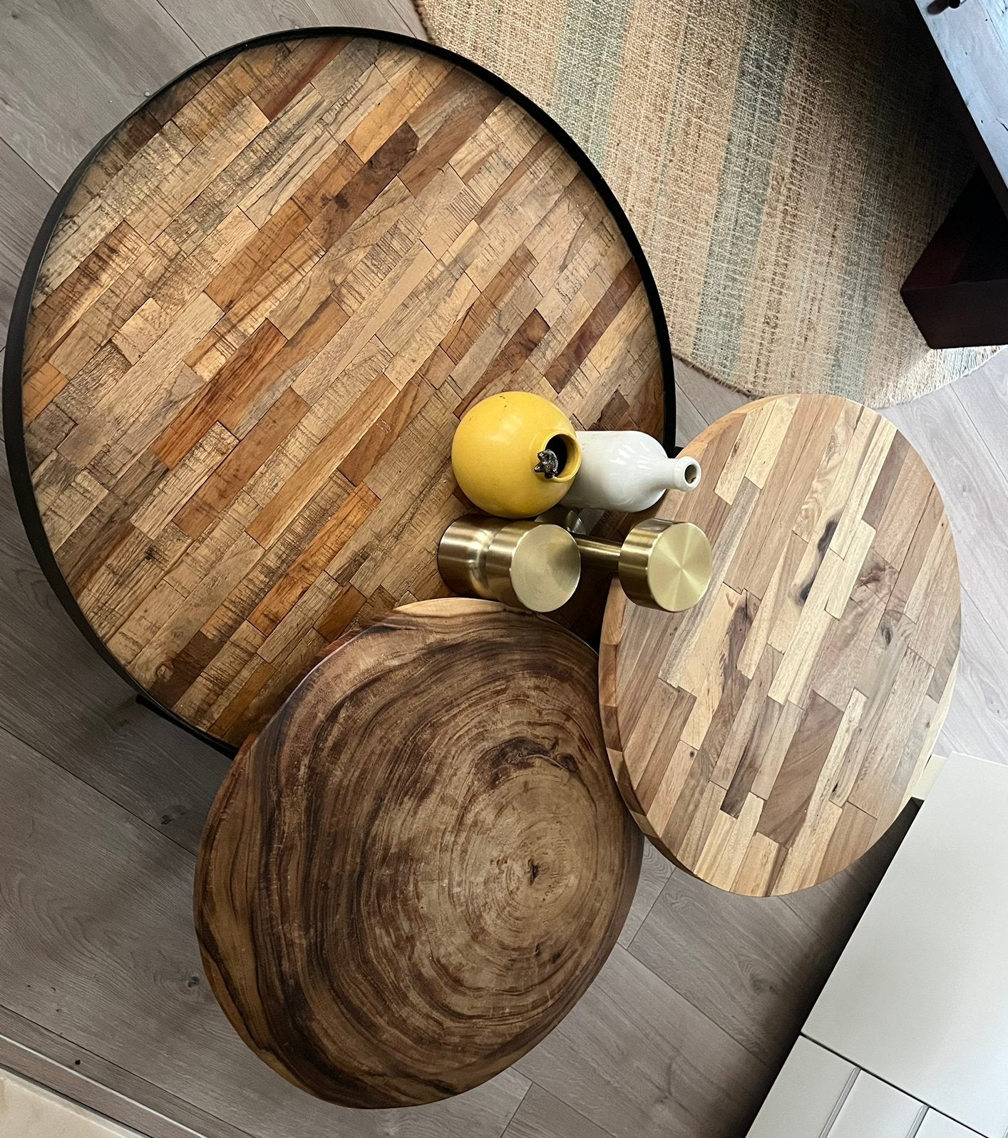 Woood salontafel +twee bijzettafeltjes, Minder dan 55 cm, Gebruikt, Rond, Hout