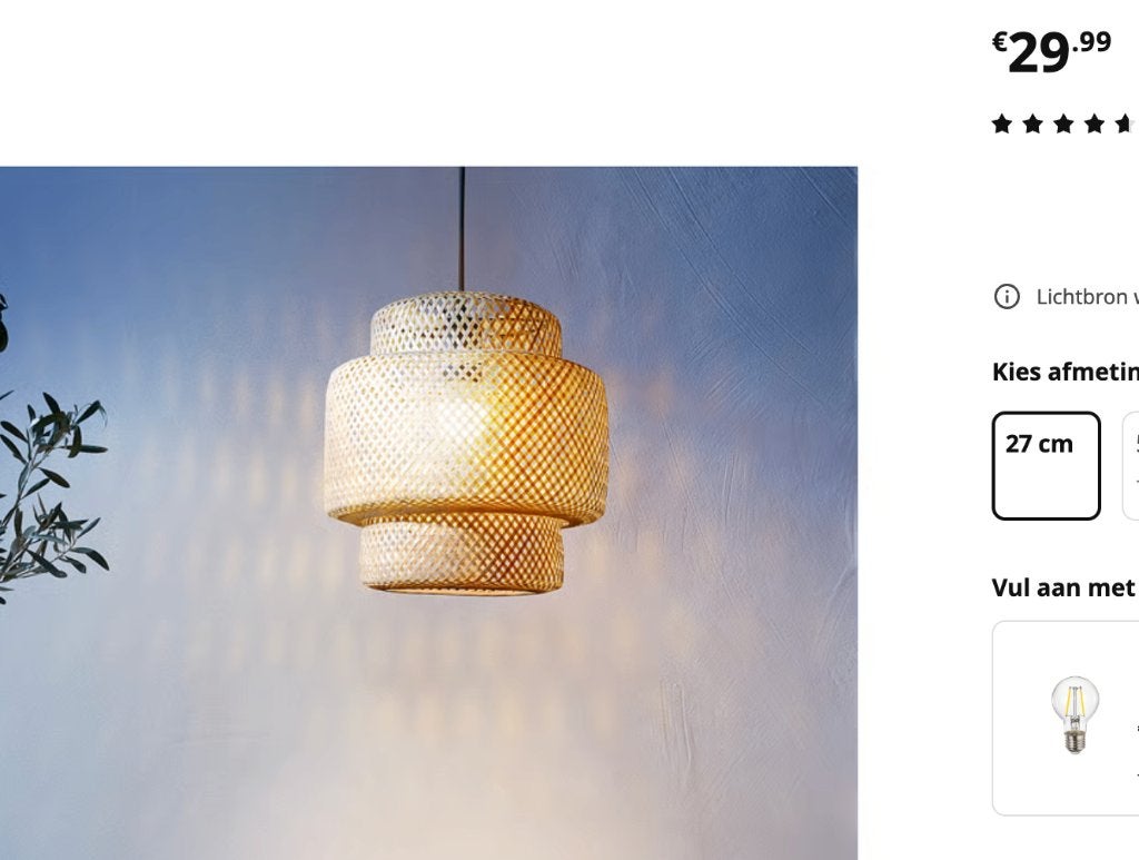 IKEA SINNERLIG kleine uitvoering, Ophalen, Zo goed als nieuw, Natuurlijk materiaal, E27 (groot)