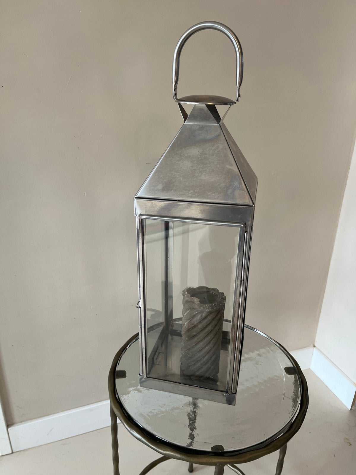 Grote RVS Lantaarn - 58cm hoog, 17cm breed, Gebruikt, Lantaarn, Ophalen of Verzenden, Metaal