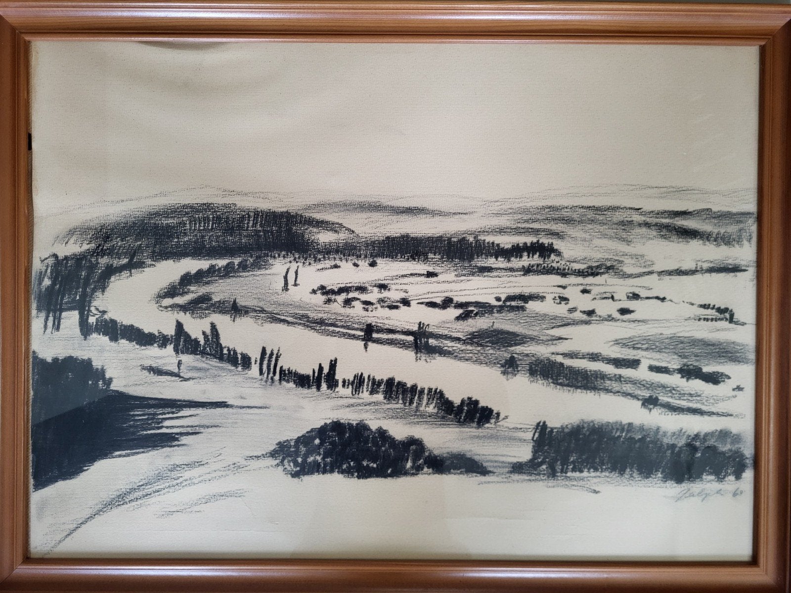 Ralph Prins Abstracte houtskooltekening, gesigneerd, ingelij, Antiek en Kunst, Ophalen, Tekening, Houtskooltekening, Achter glas