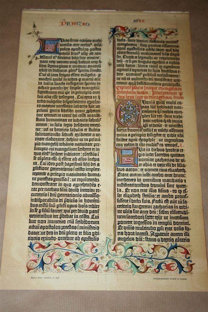 Antieke kleurenlitho - Pagina Gutenberg bijbel - Ca 1900 !!, Ophalen of Verzenden