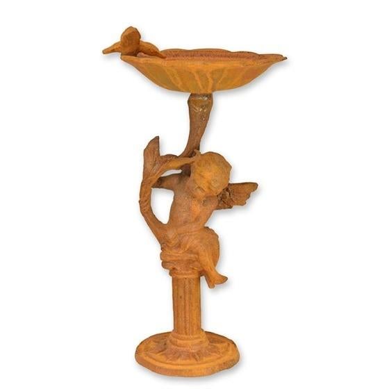 Antieke gietijzeren vogelbad met cherubijn en vogel, Ophalen of Verzenden, Gebruikt, Metaal, Abstract beeld