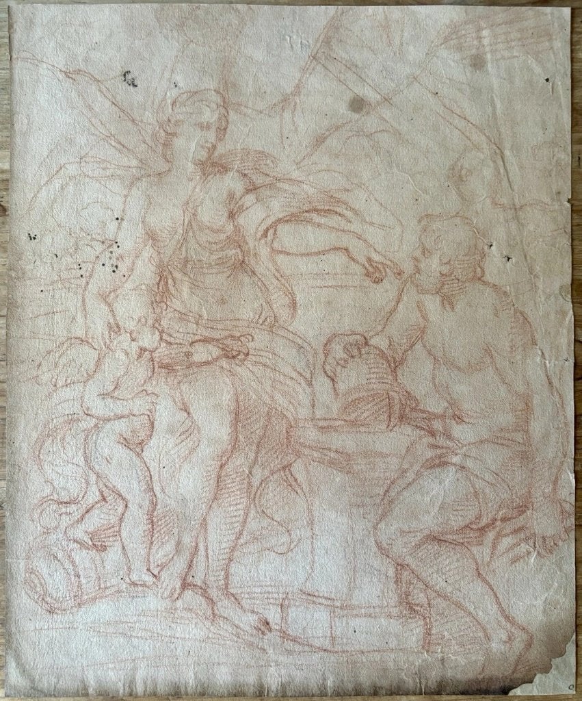 Oud origineel sanguinetekening op vergeerd papier, Ophalen