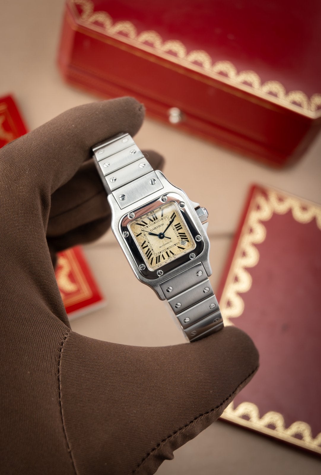 Cartier Santos Galbee | Guilloche Dial, Sieraden, Tassen en Uiterlijk, Staal, Staal, Polshorloge, Zo goed als nieuw