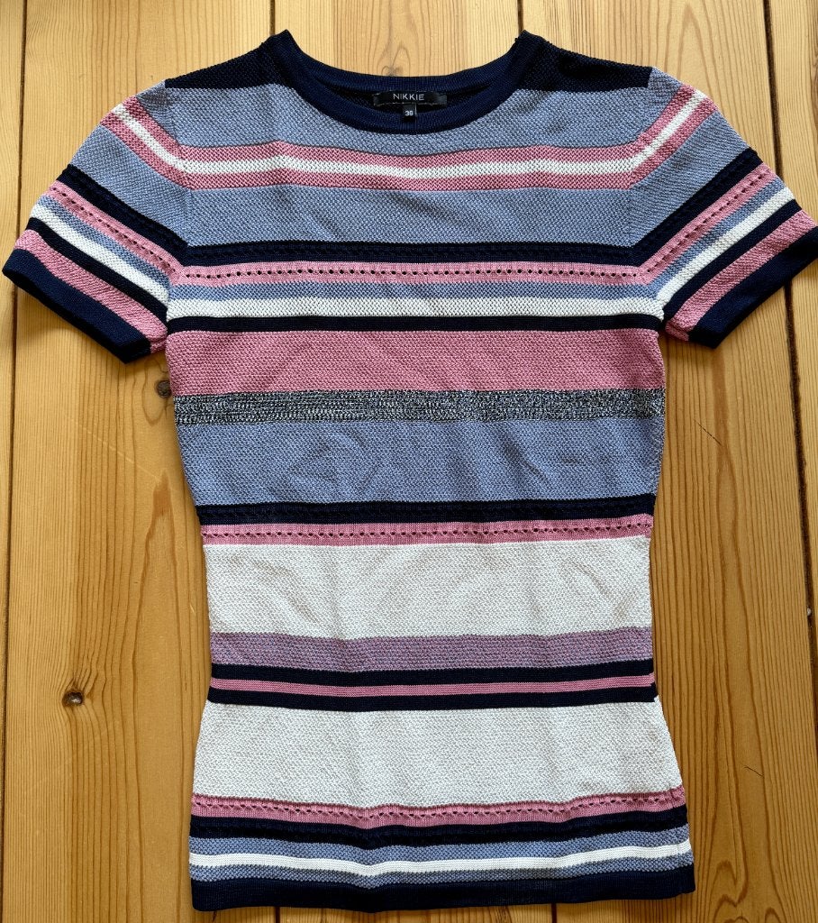 Nikkie Shirt Top - Blauw Wit Roze - Maat 36 / Small, Blauw, Ophalen of Verzenden, Zo goed als nieuw, Maat 36 (S)