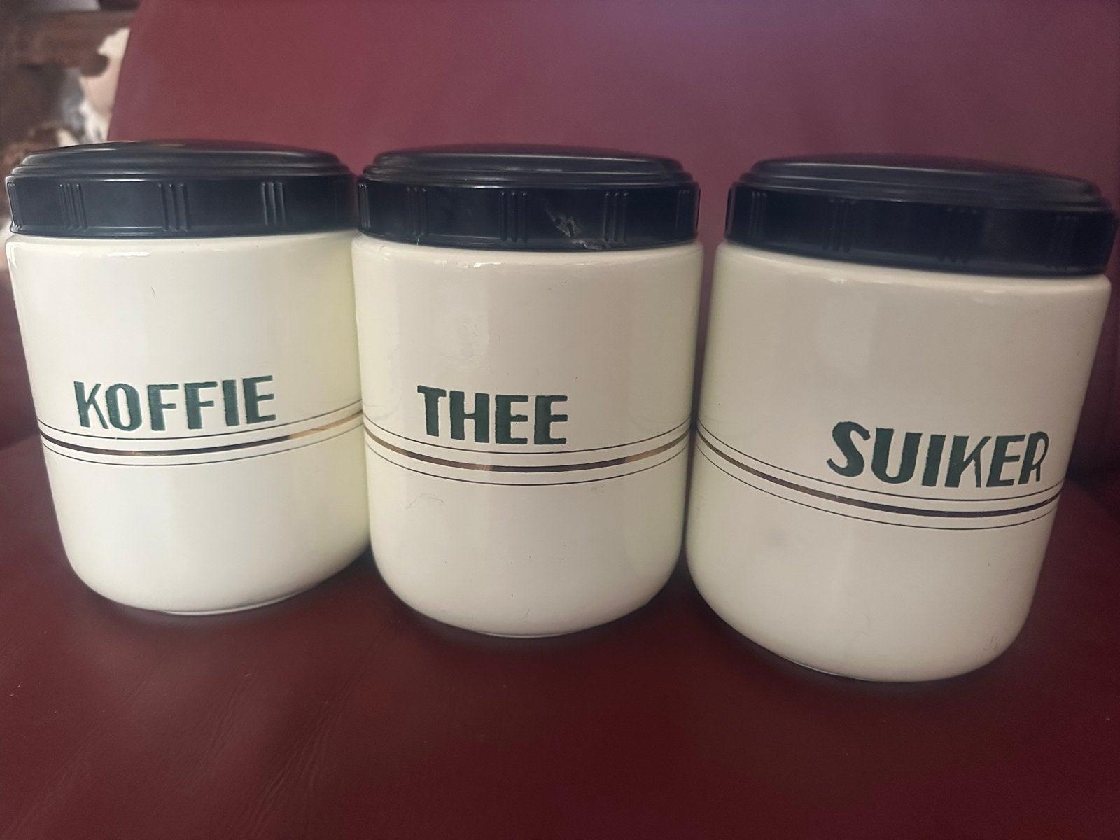 Unieke emaille koffie, thee, suiker bussen jaren '30, Ophalen of Verzenden