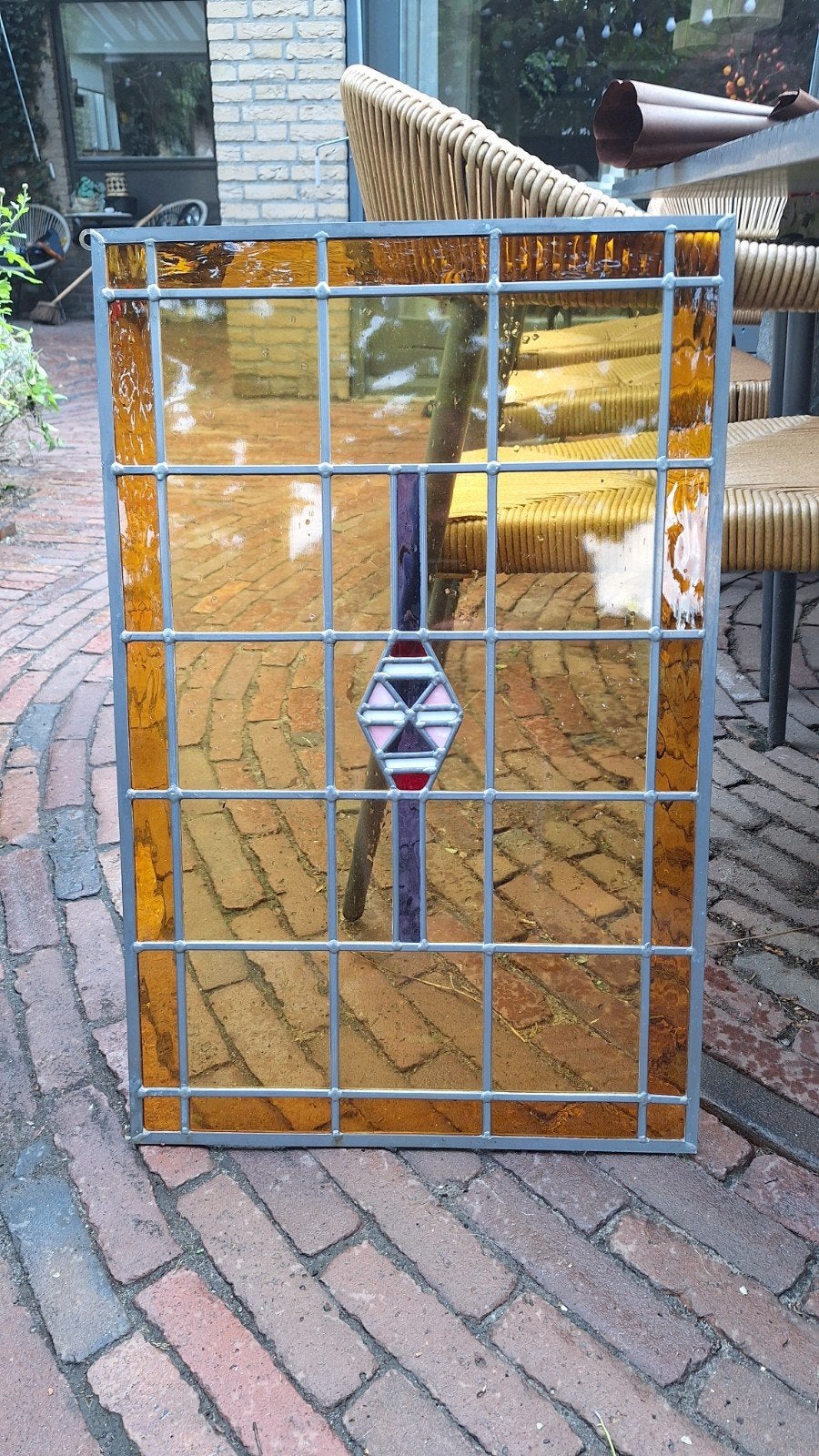 Glas-in-lood raam 45x70 cm - Amberkleurig met detail, Ophalen