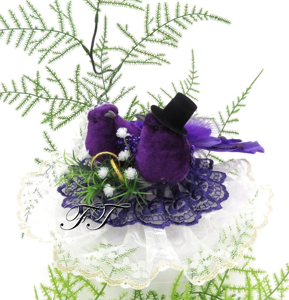 Prachtige paarse vogels als bruidstaart topper., Ophalen of Verzenden, Nieuw, Versiering, Geboorte of Huwelijk