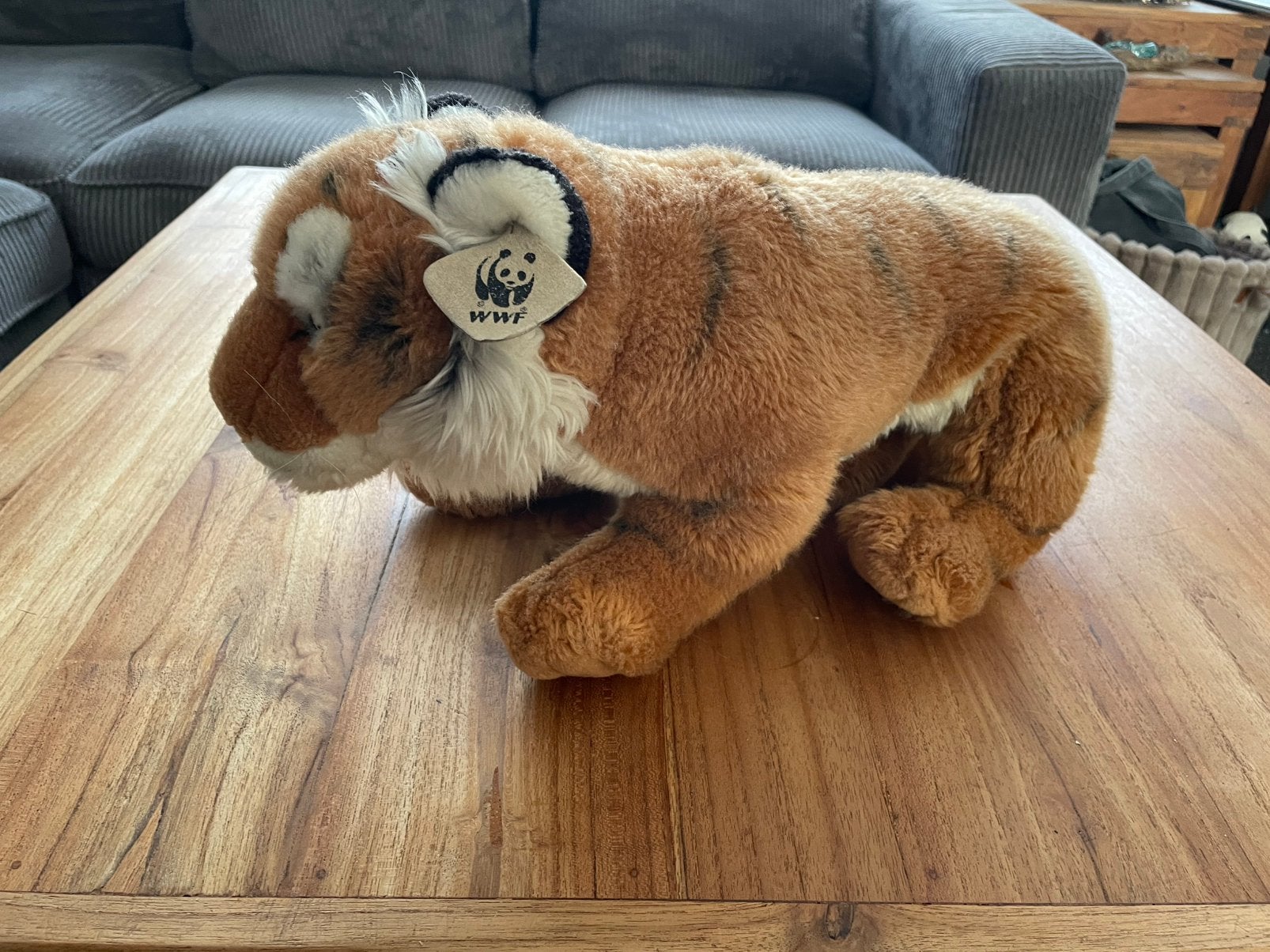 Grote oude tijger knuffel van het WWF, Gebruikt, Ophalen of Verzenden, Middelgroot (20 tot 80 cm), Bruin