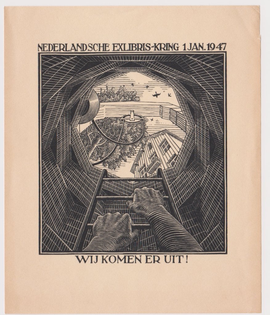 M.C. Escher "Wij komen er uit!", Ophalen, Houtsnede, Met monogram, 1900 - 1949