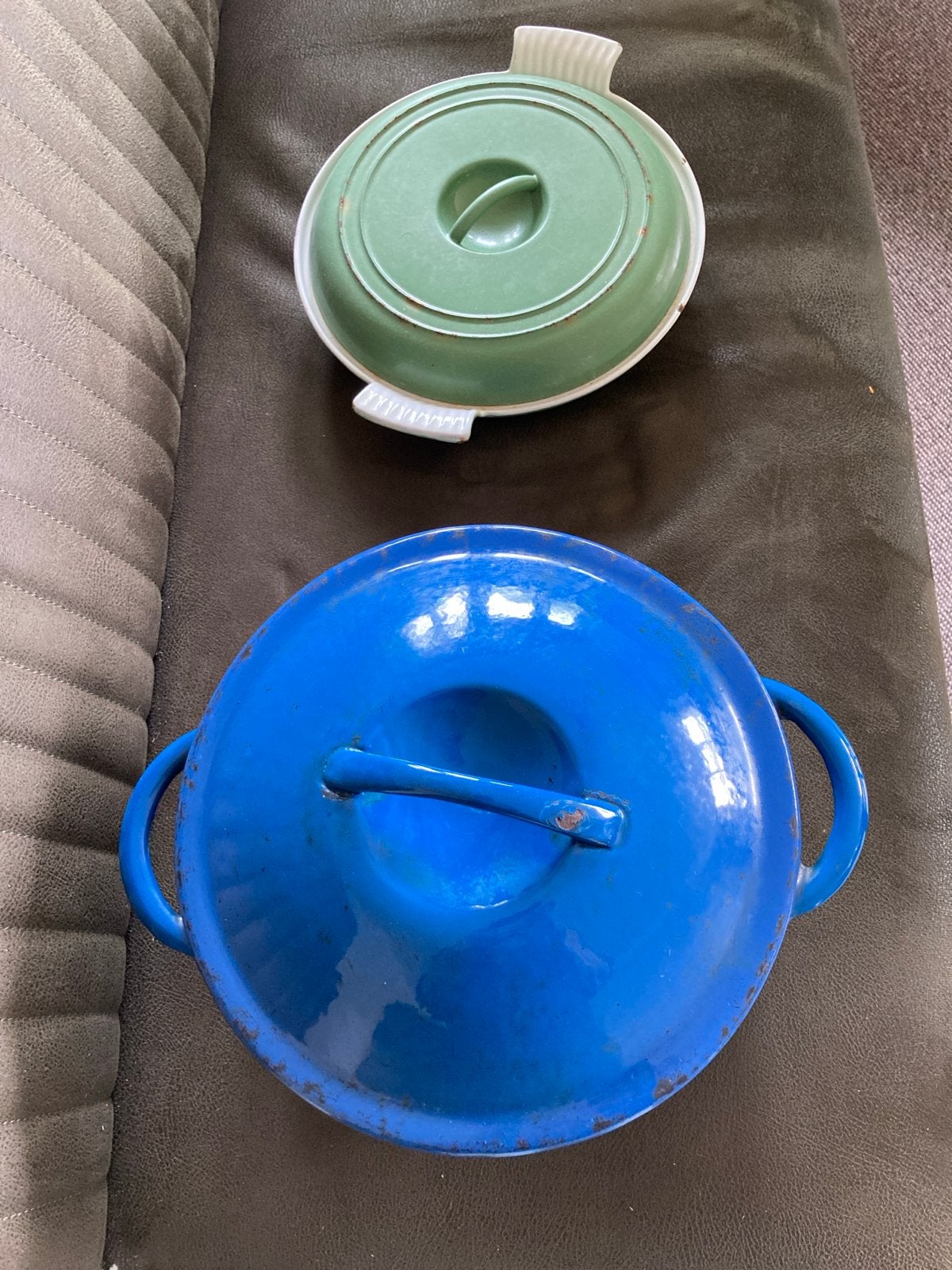 Vintage Gietijzeren Pannen - Blauw en Groen, Ophalen, Gebruikt, Gietijzer, Koekenpan of Braadpan