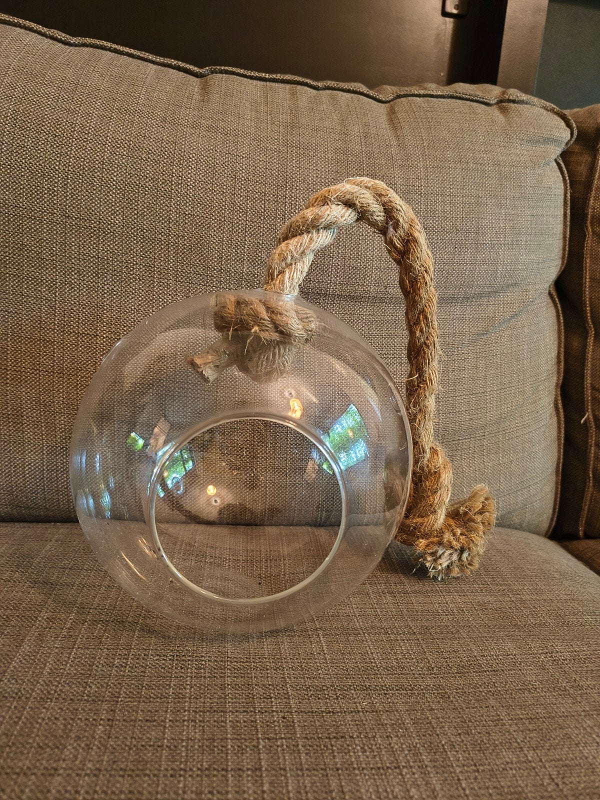 Glazen bol met touw / kaarsenhouder / plantenpot, Ophalen of Verzenden, 20 cm