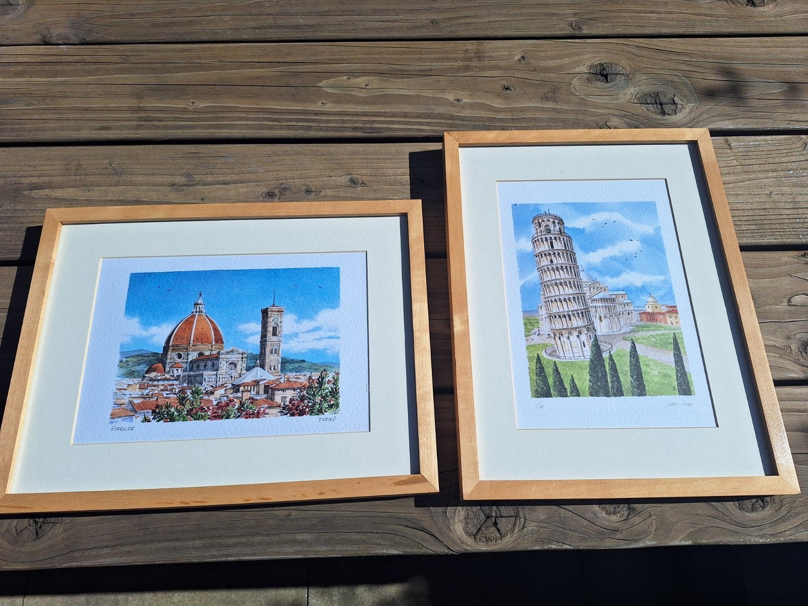 Set van 2 ingelijste prints: Florence & Toren van Pisa 42x33, Antiek en Kunst, Kunst | Tekeningen en Foto's, Ophalen of Verzenden