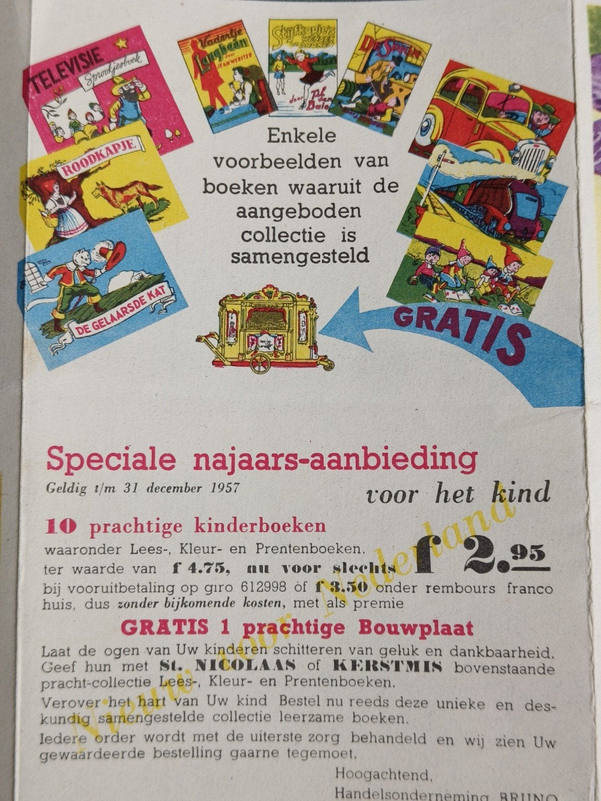 1957,DRIE RECLAMEKAART, BLOEMEN UIT HILLEGOM, BOEKEN BRUNO., Ophalen of Verzenden, Gelezen
