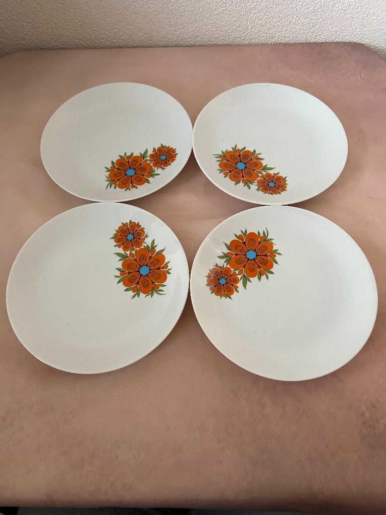 4 vintage porseleinen gebaksbordjes oranje bloem, Ophalen of Verzenden