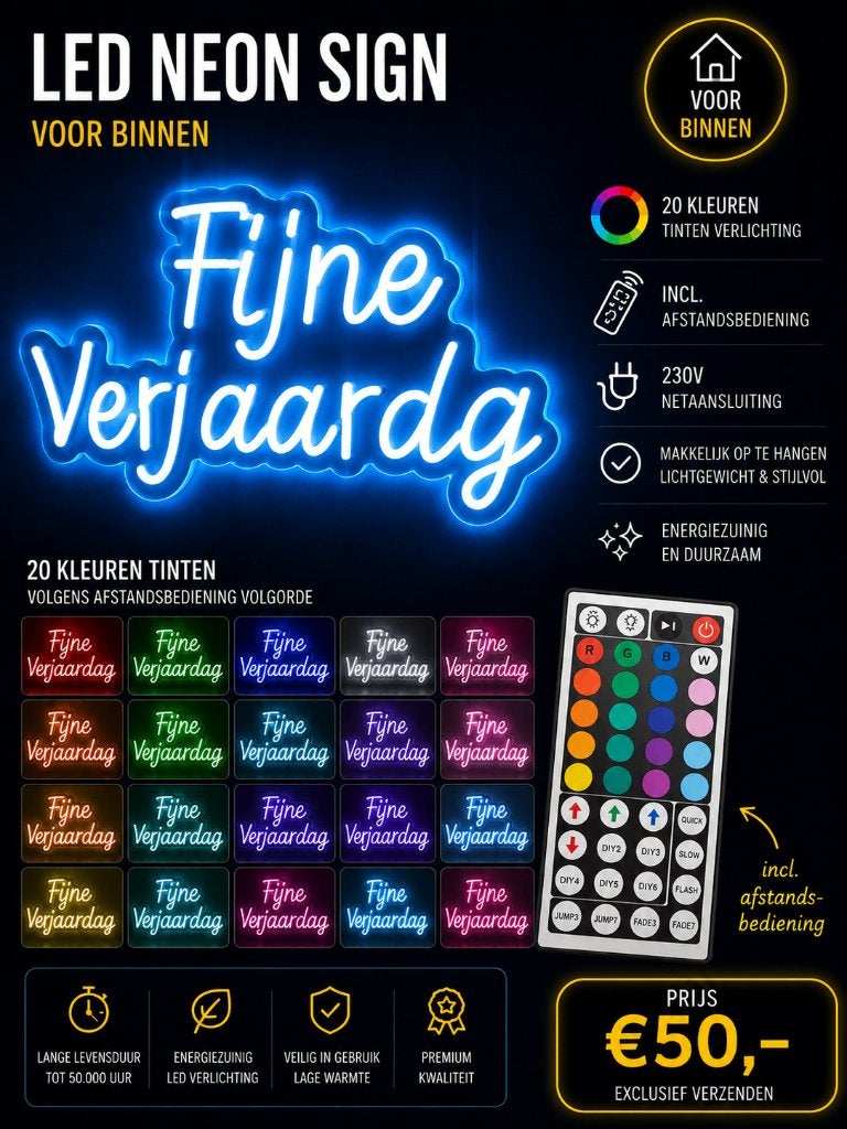 LED Neon Sign – Fijne Verjaardag – 20 kleuren, Kunststof, Overige typen, Meerkleurig, Overige fittingen