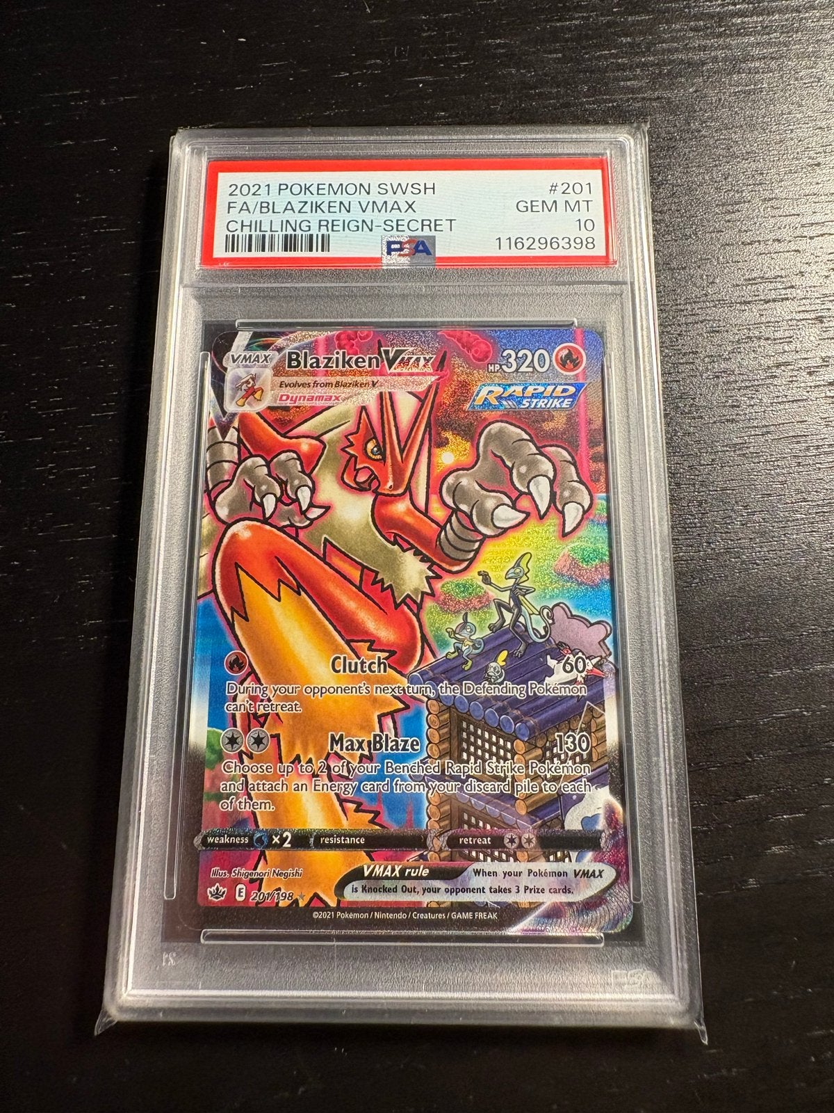 Blaziken VMAX 201/198 PSA 10 cm Pokémon Kaart Chilling Reign, Ophalen, Zo goed als nieuw, Losse kaart, Foil