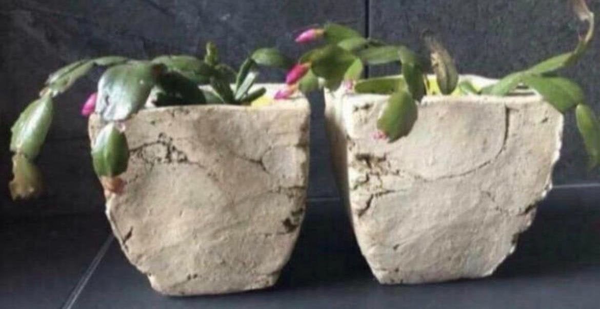 Oude vintage vierkante stenen bloempotten set beige crème, Tuin en Terras, Ophalen, Vierkant, Binnen, Zo goed als nieuw