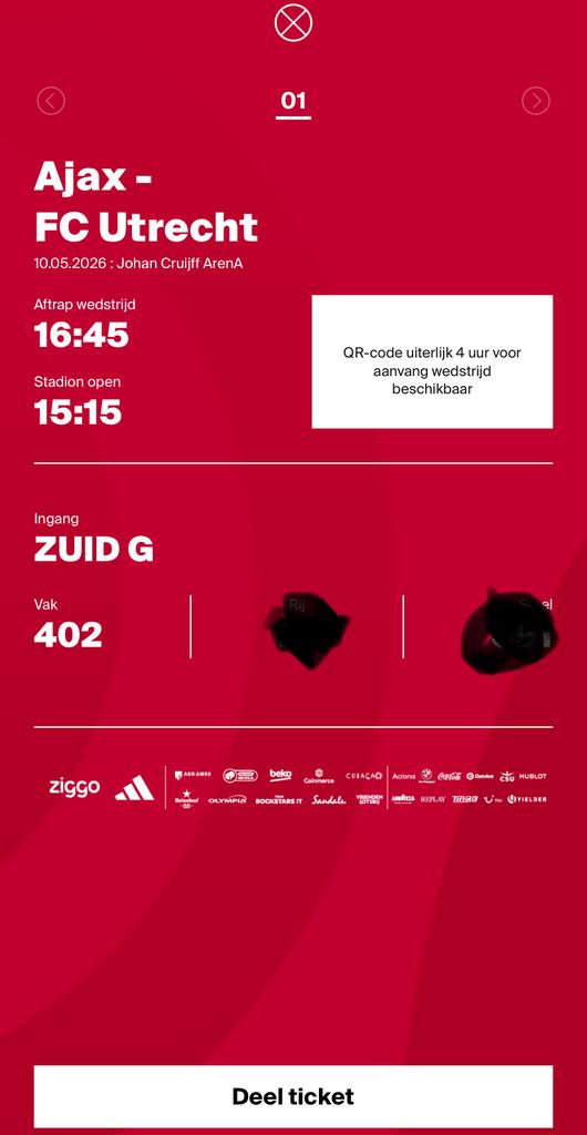 1 ticket Ajax - Utrecht, Tickets en Kaartjes, Drie personen of meer, Maart
