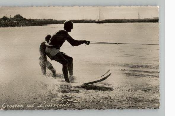 Loosdrecht 2 kaarten Vader&Zoon op waterskiën st1958+1960, Ophalen of Verzenden, 1940 tot 1960, Gelopen, Noord-Holland