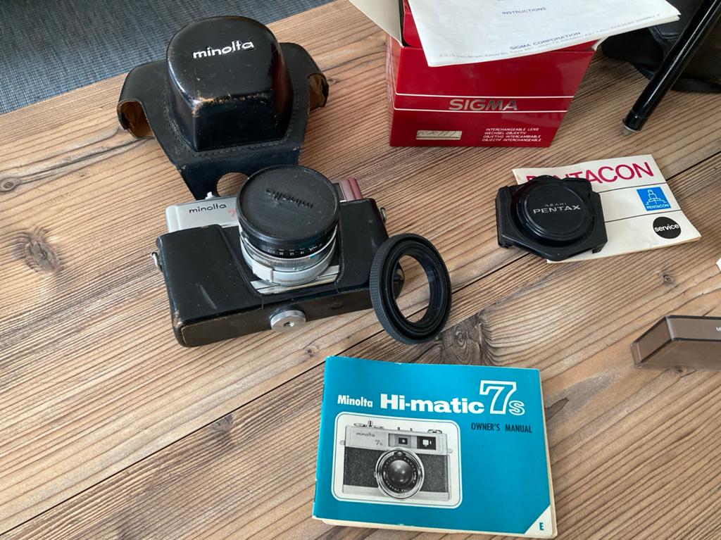 Minolta Hi-matic 7s camera met Sigma lens en filters, Ophalen, Gebruikt, Compact, Minolta