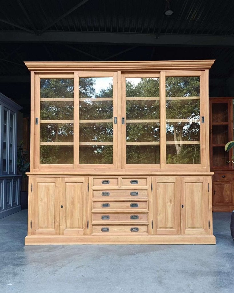 Brede teakhouten winkelkast | Vitrinekast | Teak #4899, Gebruikt, -, 200 cm of meer, -