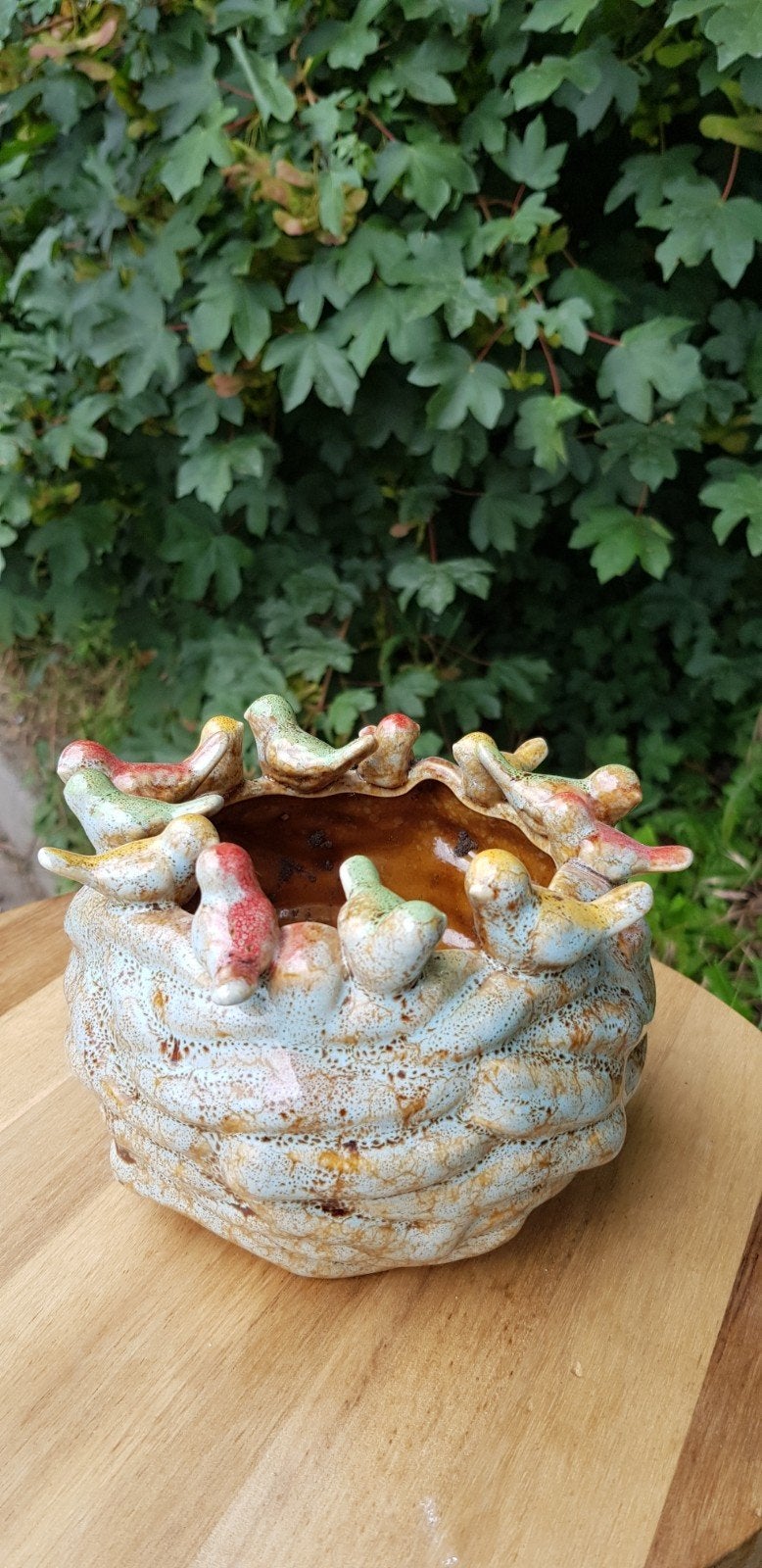Unieke handgemaakte keramische pot met vogels, Ophalen of Verzenden