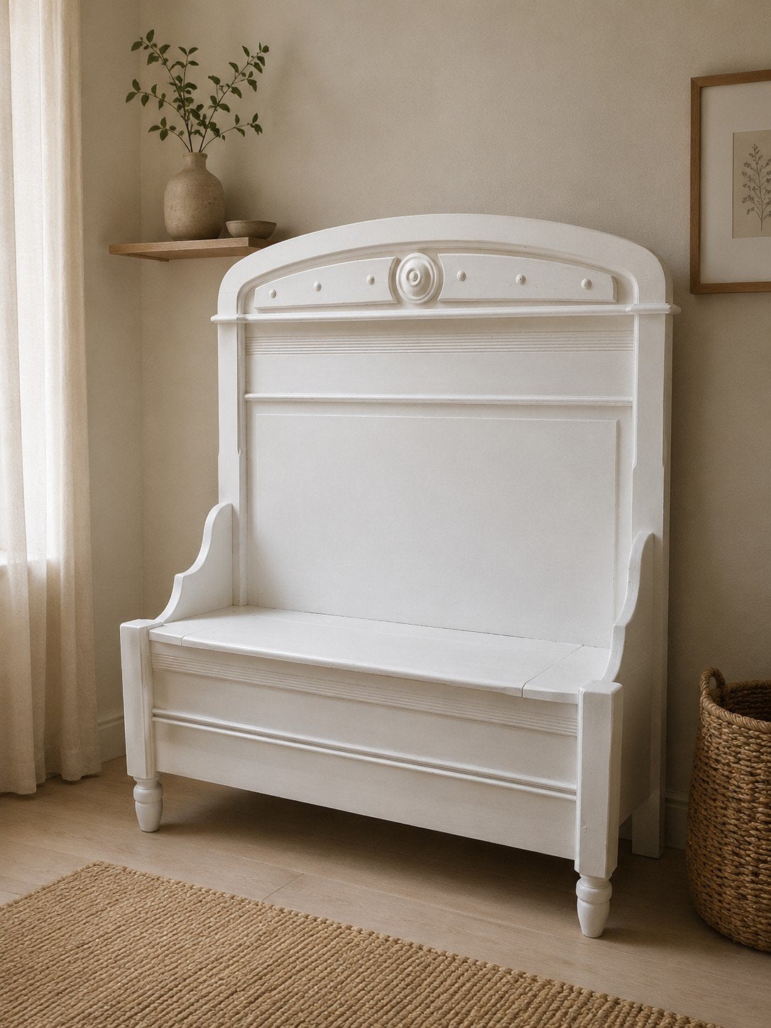 Witte houten brocante  klepbank met opbergruimte, Antiek en Kunst, Ophalen